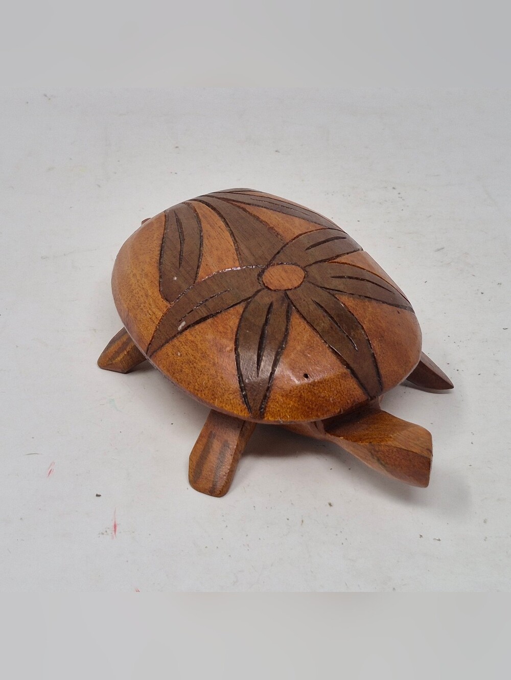 Carved Floral Wooden Turtle Lidded Trinket Dish